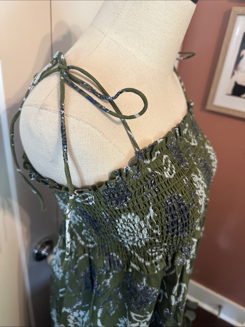 Zara Olive tiers Tie-Shoulder smocked Maxi Navy White floral 100% cotton M dress - Picture 7 of 15